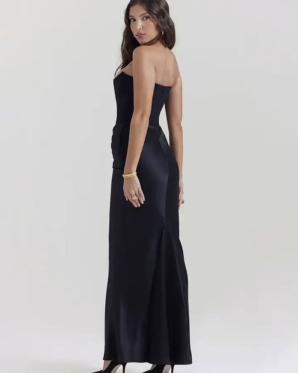 Black Strapless Satin Gown | Corset Bodycon Maxi Dress, Draped Waist Detail