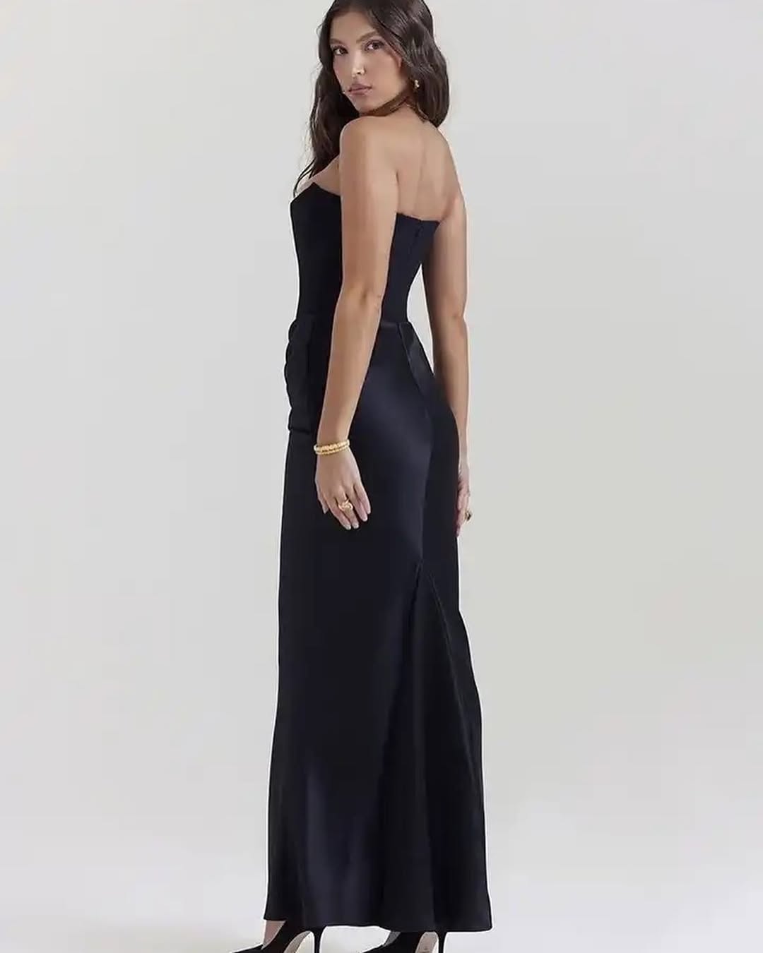 Black Strapless Satin Gown | Corset Bodycon Maxi Dress, Draped Waist Detail