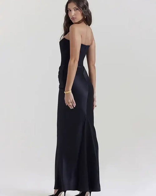 Black Strapless Satin Gown | Corset Bodycon Maxi Dress, Draped Waist Detail