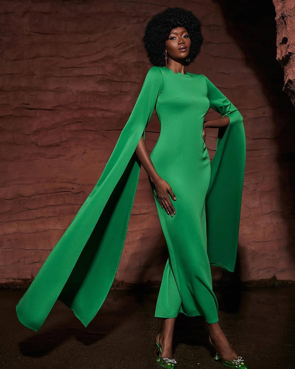 Green Cape Sleeve Gown | Long Elegant Maxi Dress with Dramatic Sleeves