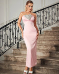Pink Strapless Maxi Dress | Beaded Heart Bodice, Fitted Satin Gown with Slit