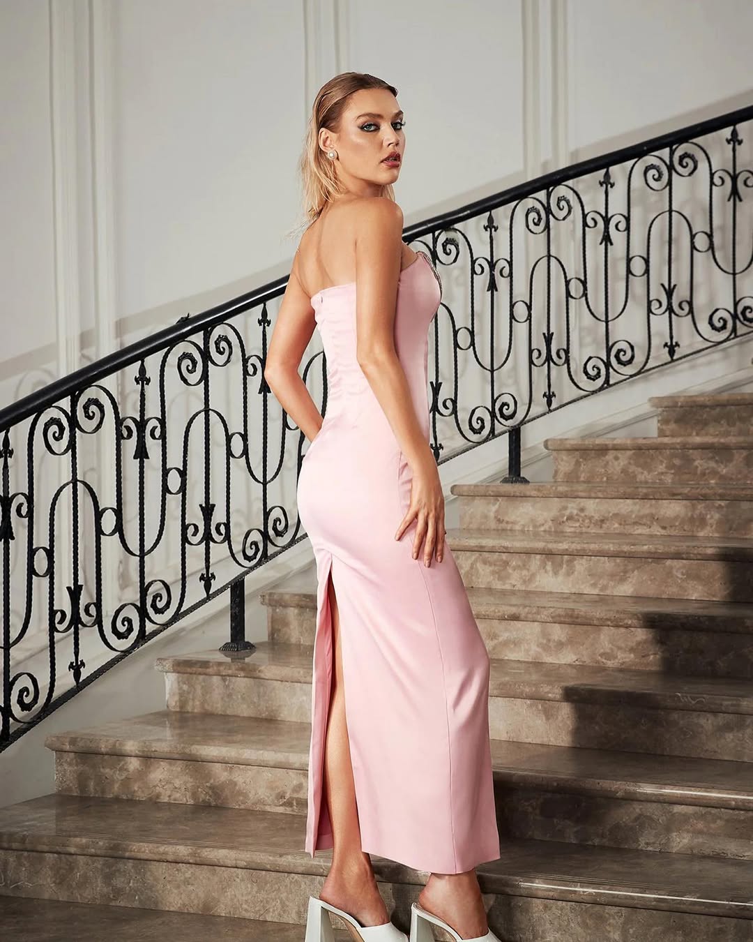 Pink Strapless Maxi Dress | Beaded Heart Bodice, Fitted Satin Gown with Slit