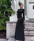 Elegant Long Dress with Diamond Chain Waist