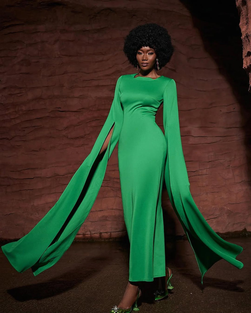Green Cape Sleeve Gown | Long Elegant Maxi Dress with Dramatic Sleeves