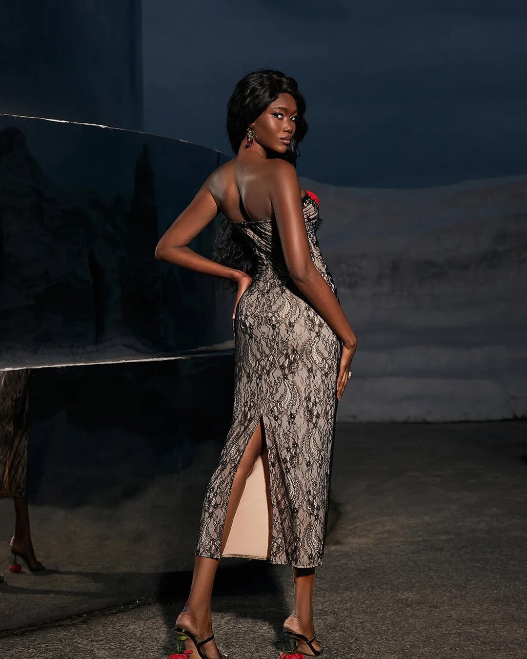 Black Floral Applique Gown | Pearl Strap Bodycon Maxi Dress