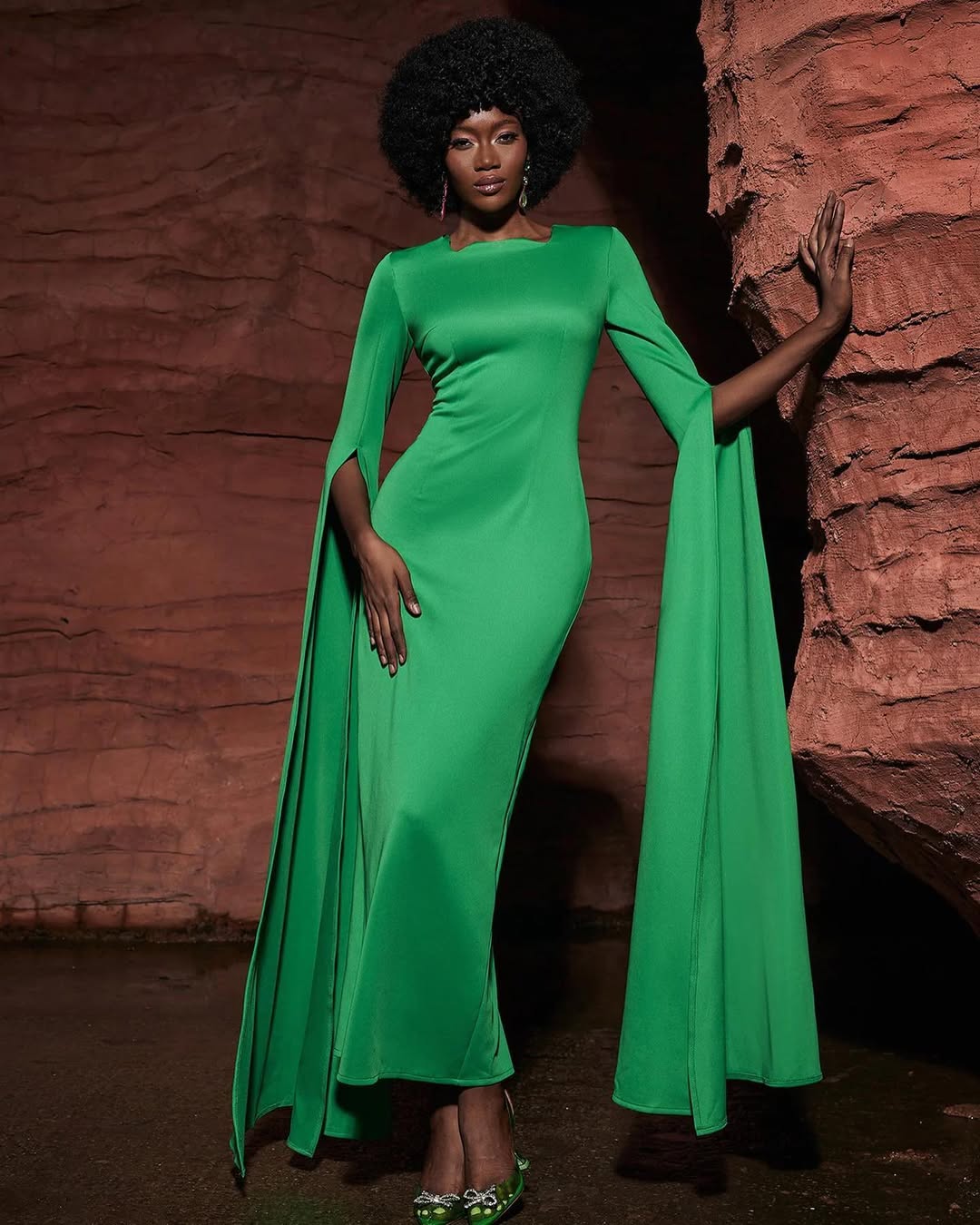 Green Cape Sleeve Gown | Long Elegant Maxi Dress with Dramatic Sleeves