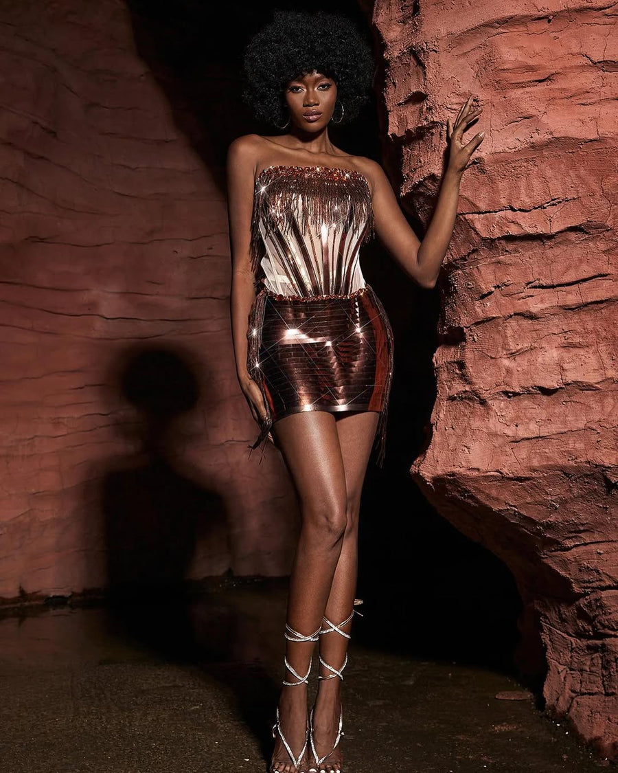 Bronze Sequin Fringe Mini Dress