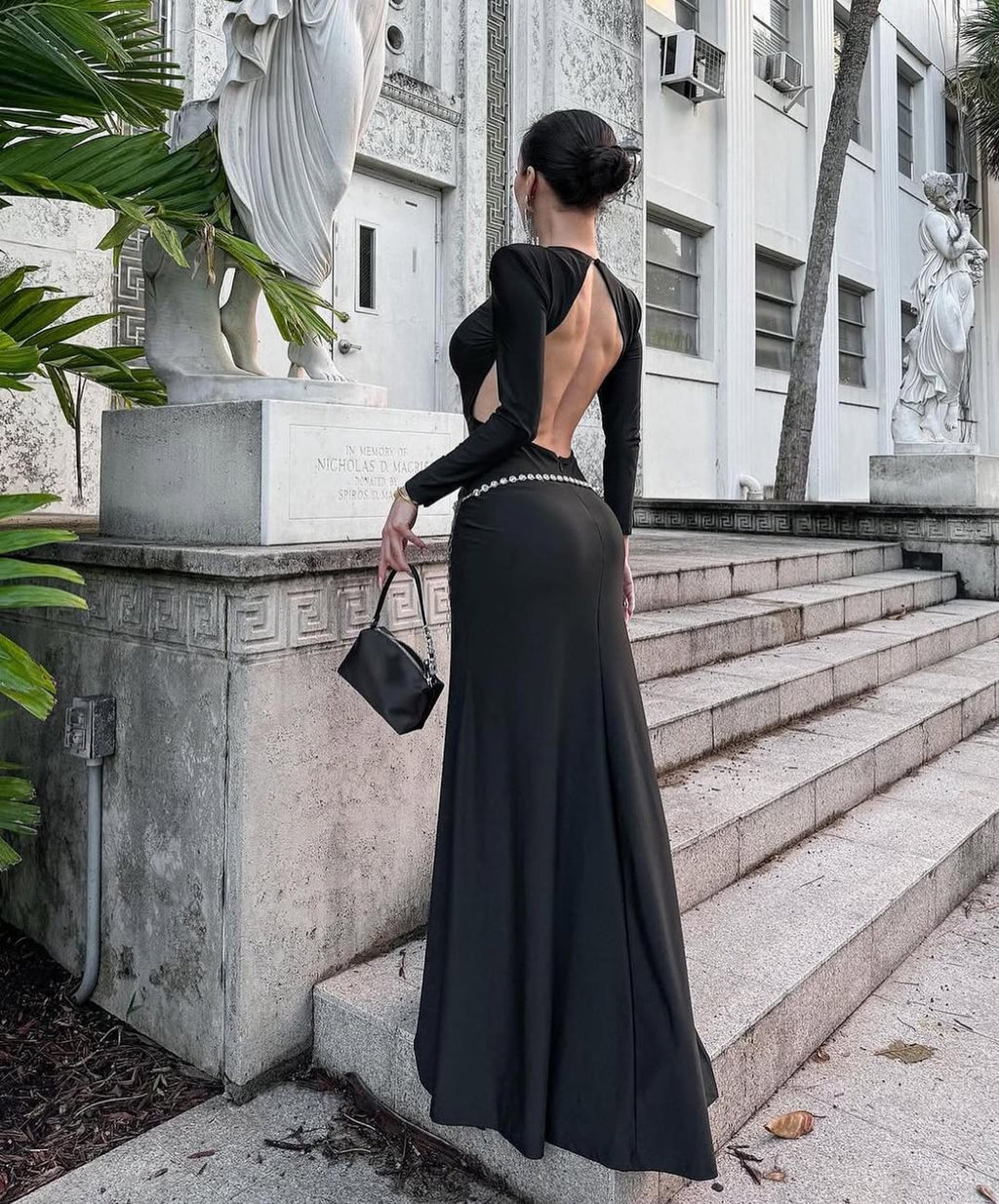 Elegant Long Dress with Diamond Chain Waist