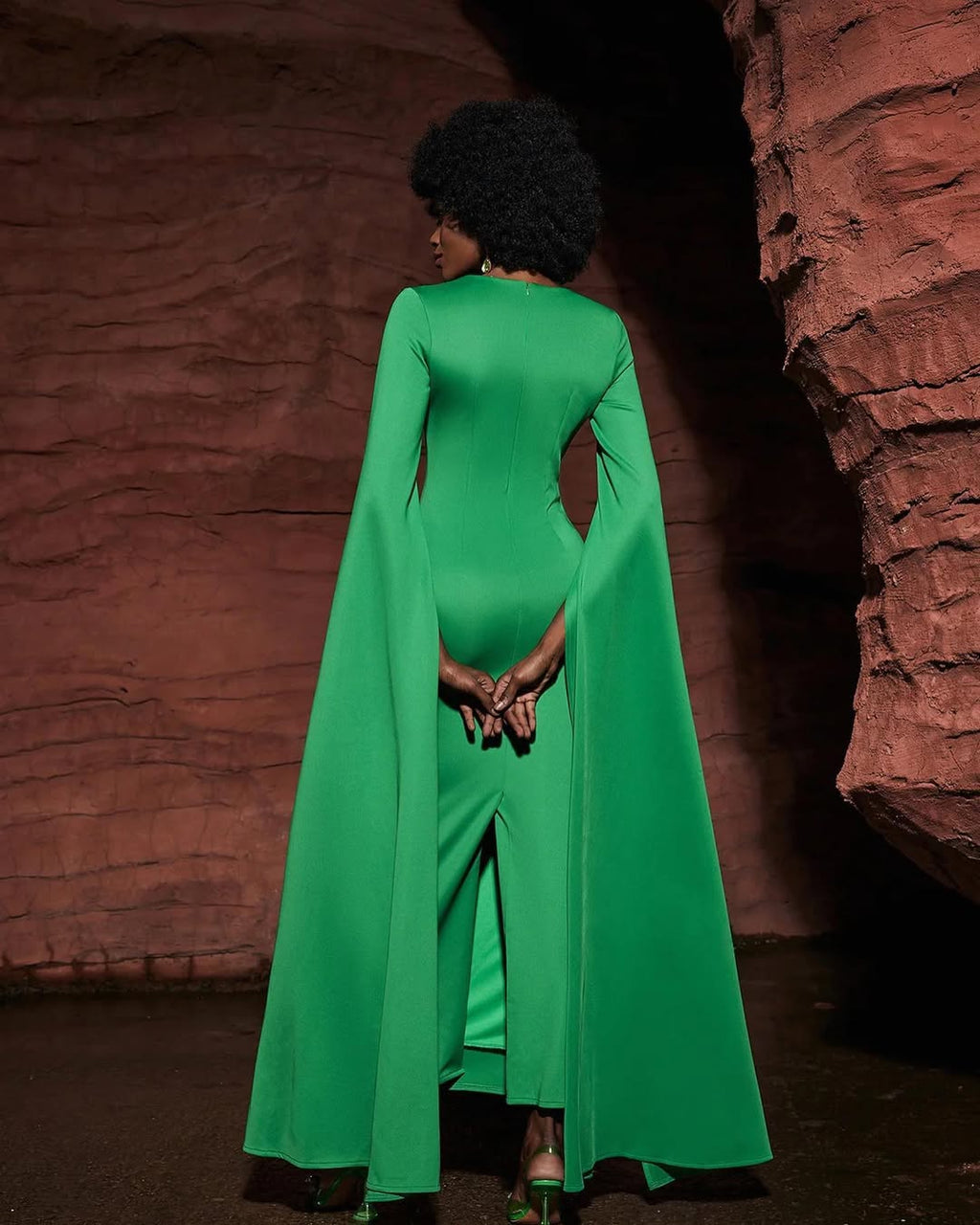 Green Cape Sleeve Gown | Long Elegant Maxi Dress with Dramatic Sleeves