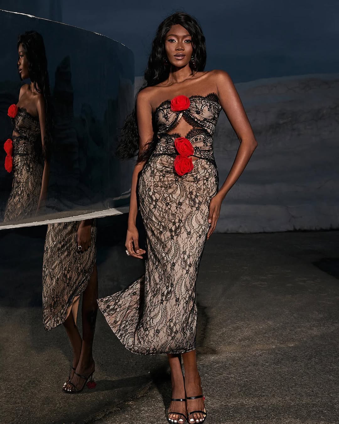 Black Floral Applique Gown | Pearl Strap Bodycon Maxi Dress