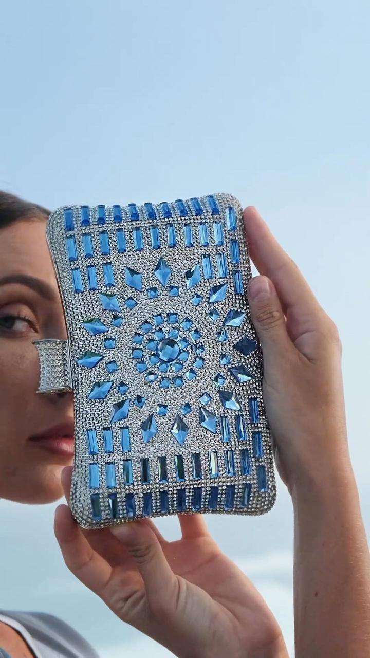Blue Crystal Embellished Evening Clutch