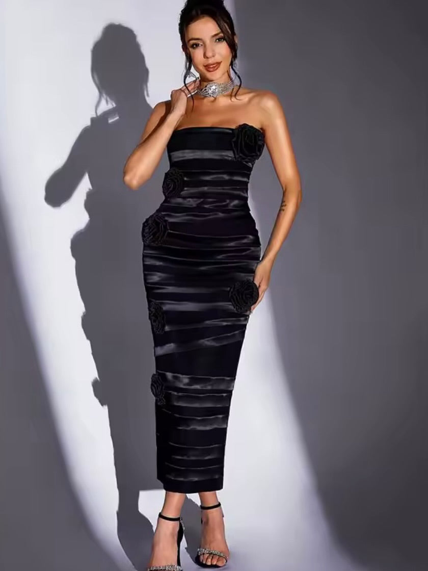 Black Strapless Midi Dress | Satin Rosette Evening Gown