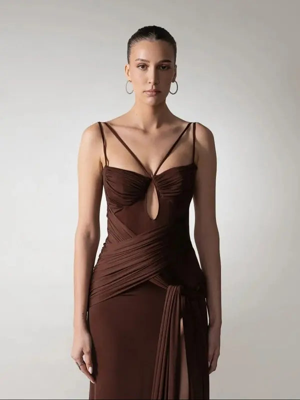 Brown Satin Maxi Dress | Strappy Cutout Evening Gown MYLINE