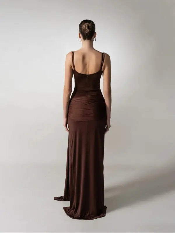 Brown Satin Maxi Dress | Strappy Cutout Evening Gown MYLINE
