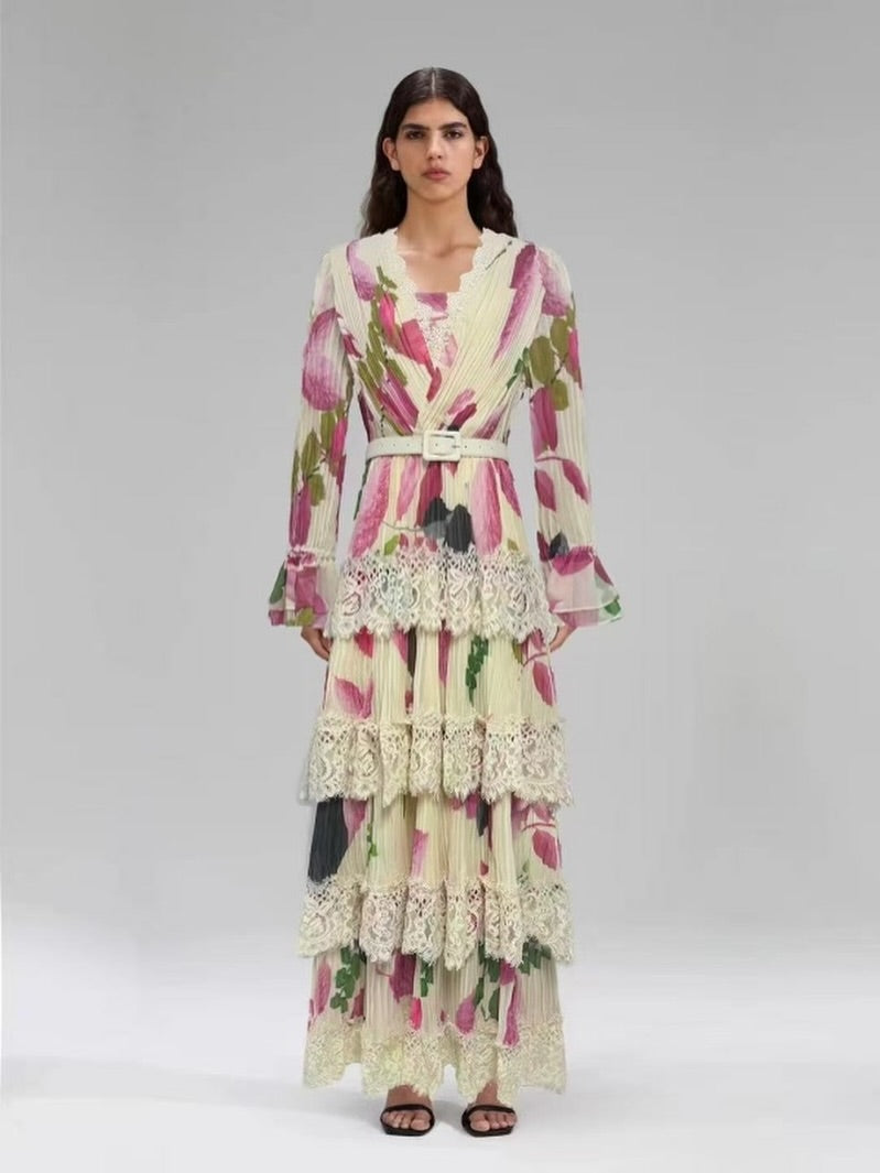 Floral Lace Maxi Dress | Vintage Tiered Pleated Gown, Boho Belt