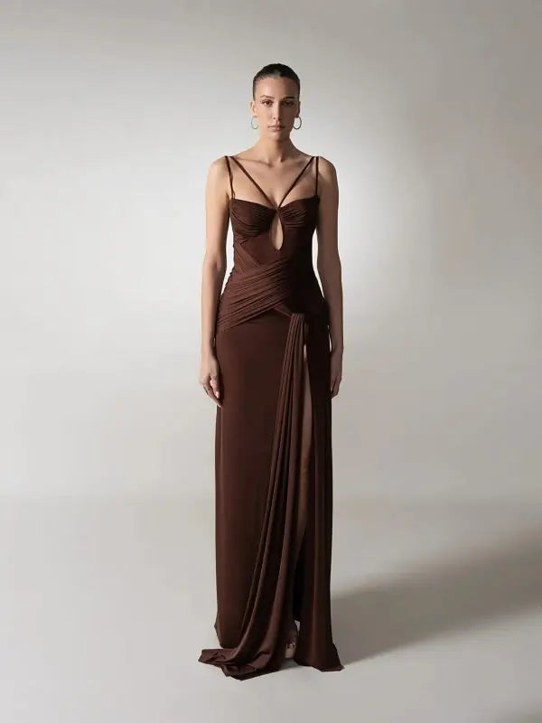 Brown Satin Maxi Dress | Strappy Cutout Evening Gown MYLINE
