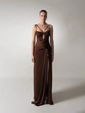 Brown Satin Maxi Dress | Strappy Cutout Evening Gown MYLINE