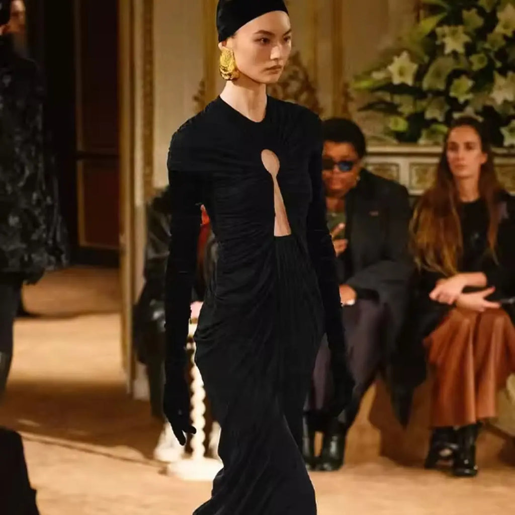 Black Ruched Evening Gown | Keyhole Maxi Dress with Velvet Gloves MYLINE