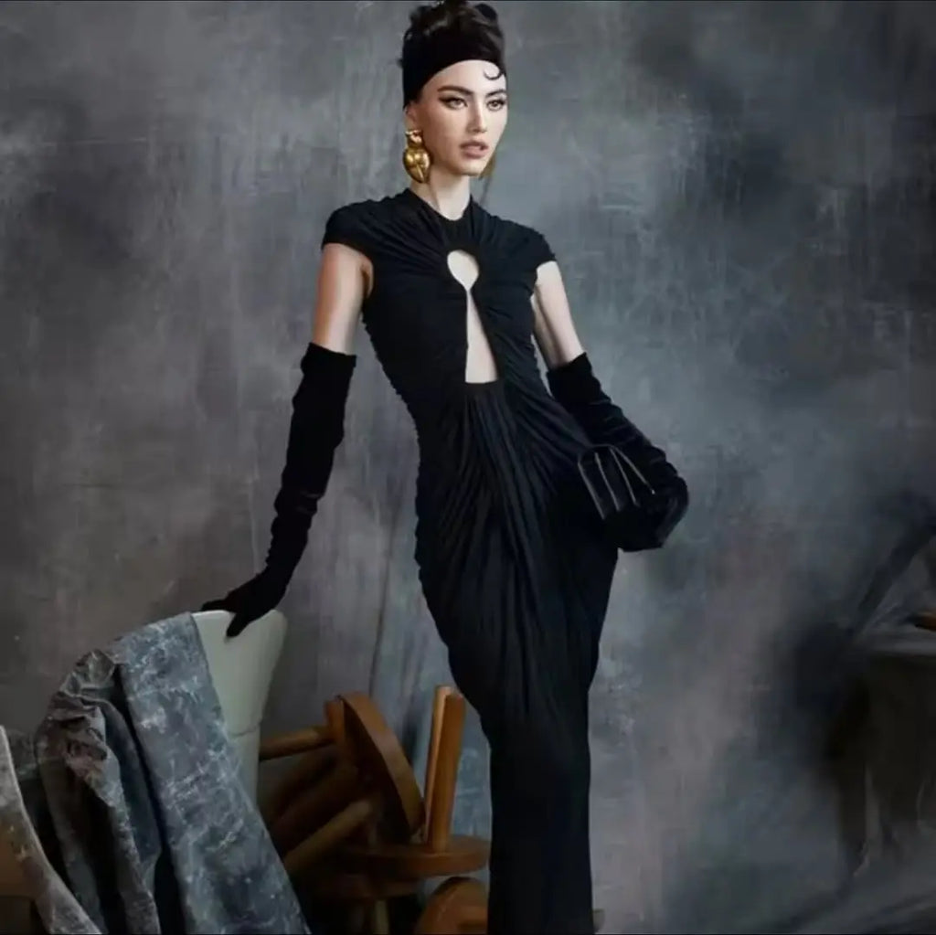 Black Ruched Evening Gown | Keyhole Maxi Dress with Velvet Gloves MYLINE