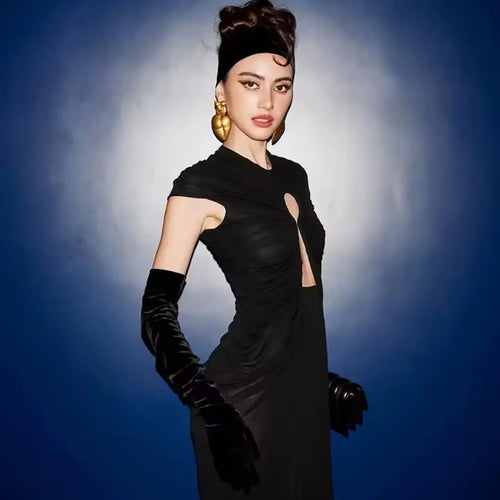 Black Ruched Evening Gown | Keyhole Maxi Dress with Velvet Gloves MYLINE