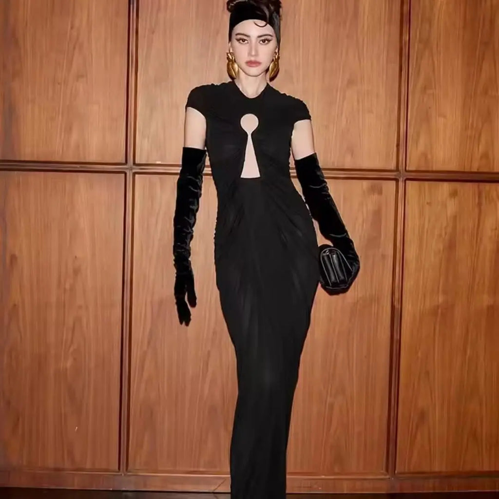 Black Ruched Evening Gown | Keyhole Maxi Dress with Velvet Gloves MYLINE