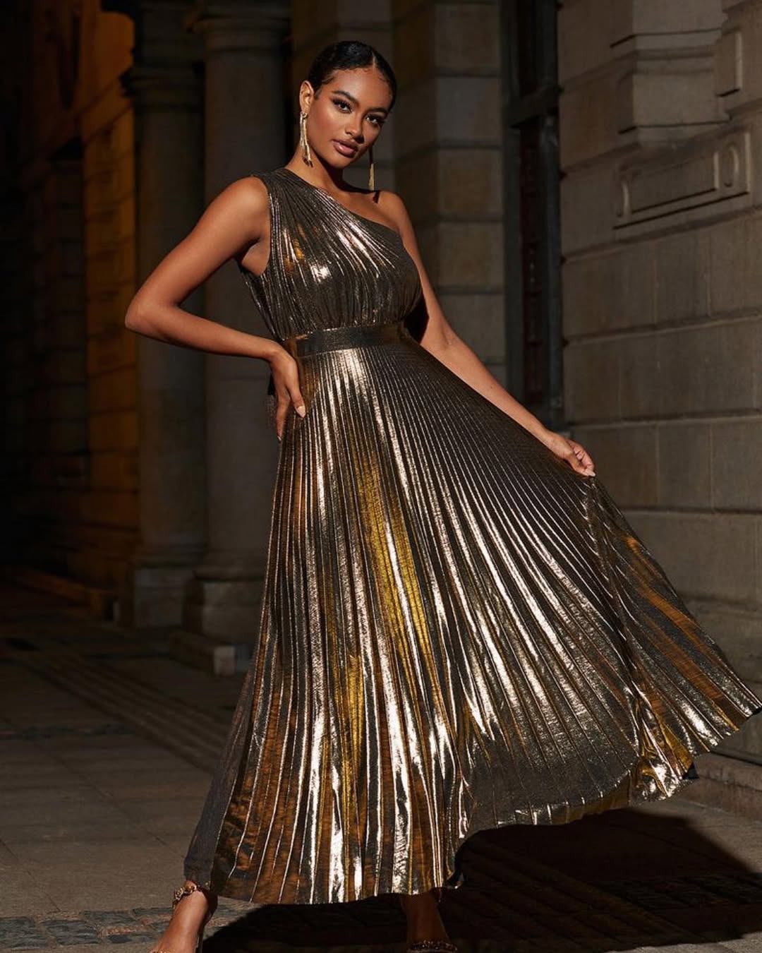 Golden Aura One-Shoulder Pleated Gown