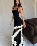 The Aria Ruffled Mesh Maxi Dress – Black & Cream