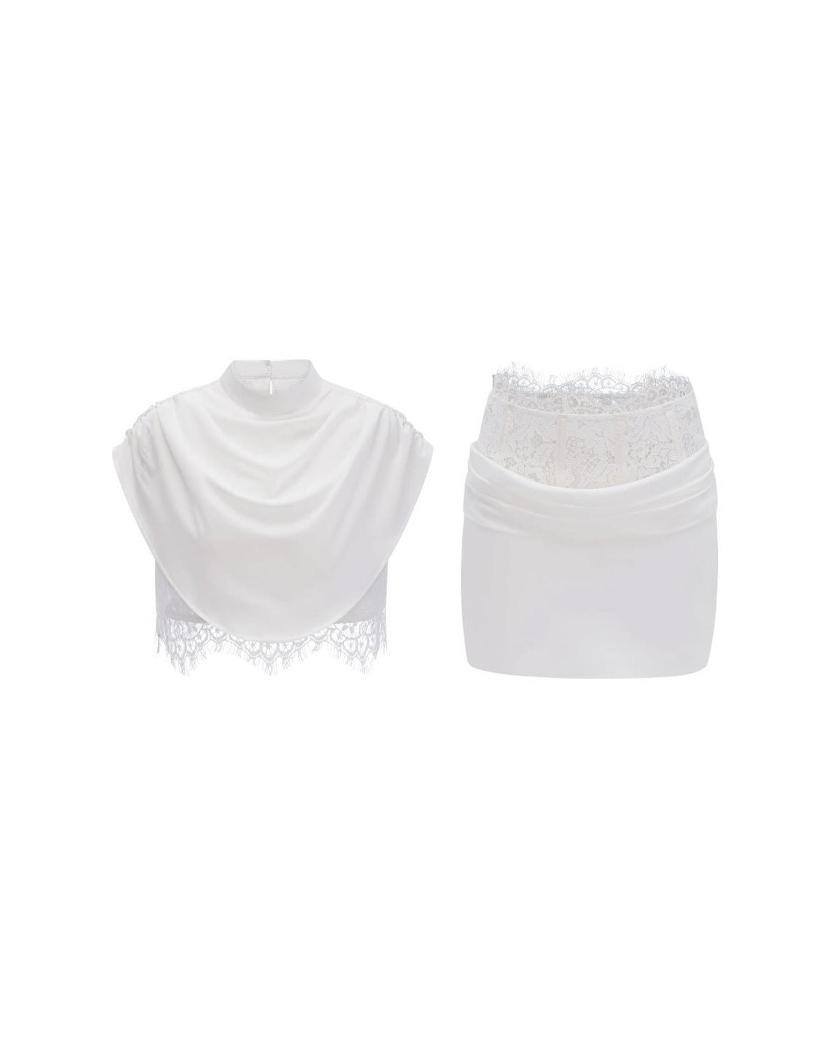High-Neck Draped Crop Top & Lace Corset Mini Skirt Two-Piece Set