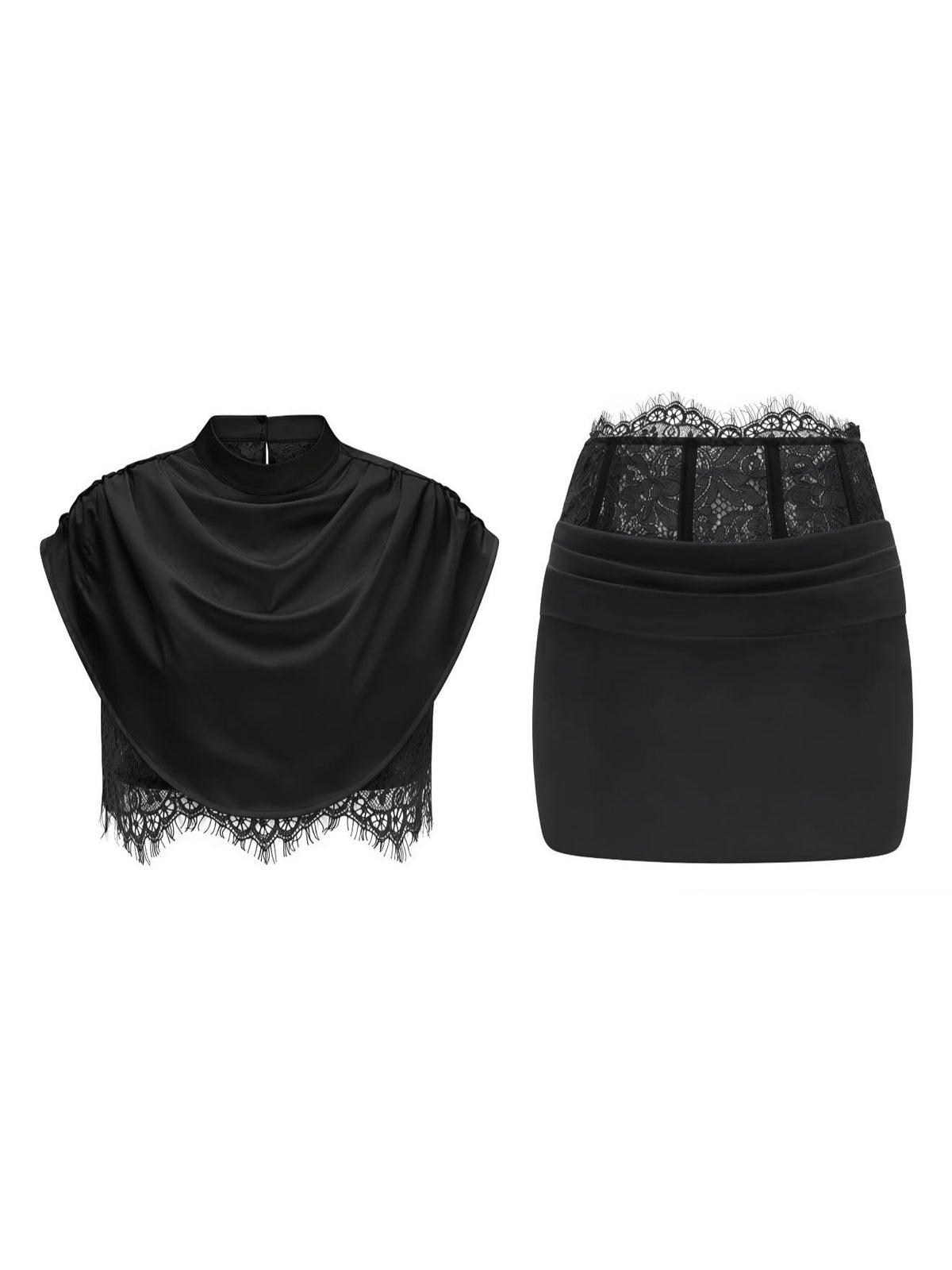 High-Neck Draped Crop Top & Lace Corset Mini Skirt Two-Piece Set