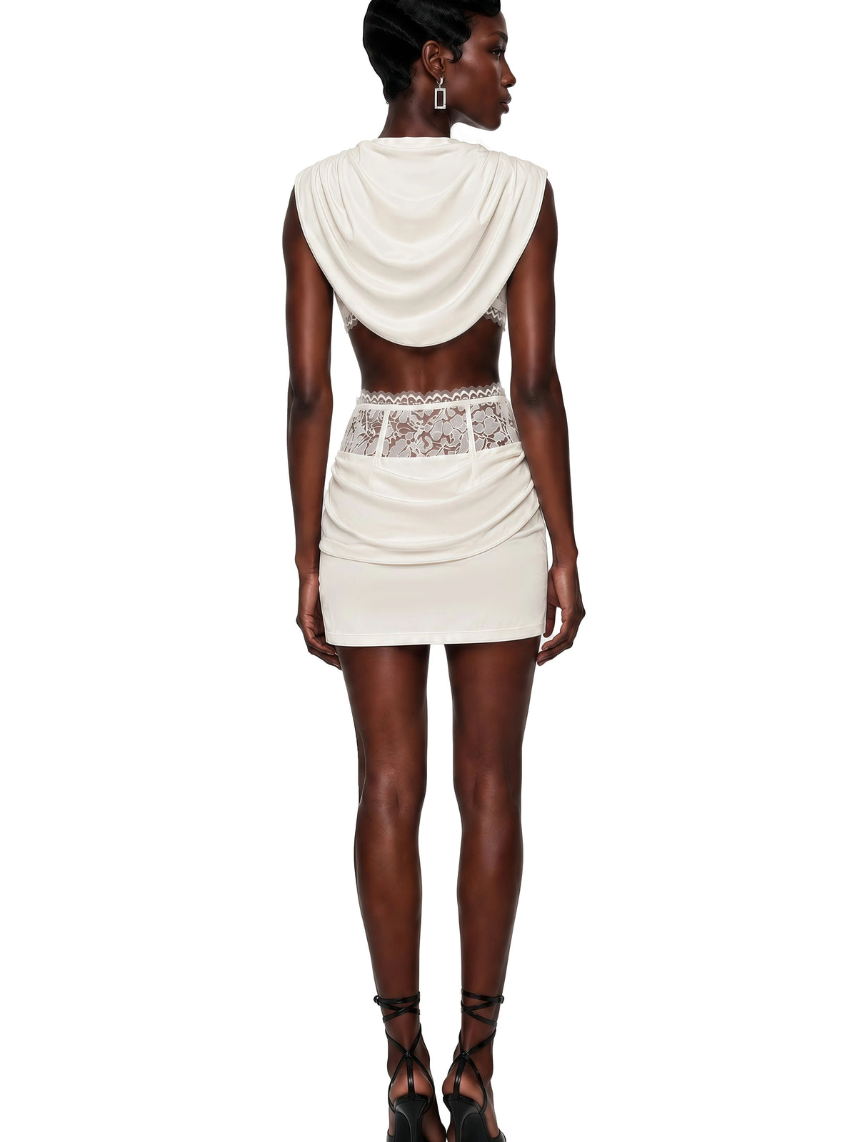 High-Neck Draped Crop Top & Lace Corset Mini Skirt Two-Piece Set
