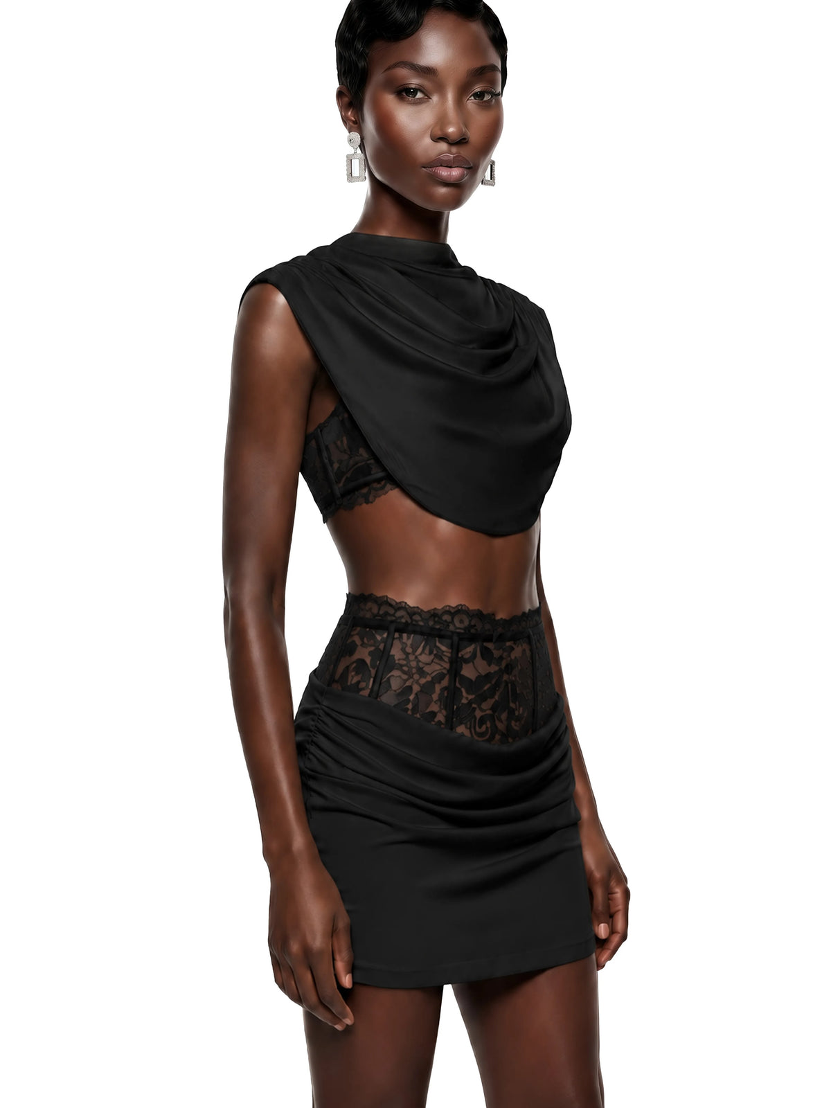 High-Neck Draped Crop Top & Lace Corset Mini Skirt Two-Piece Set