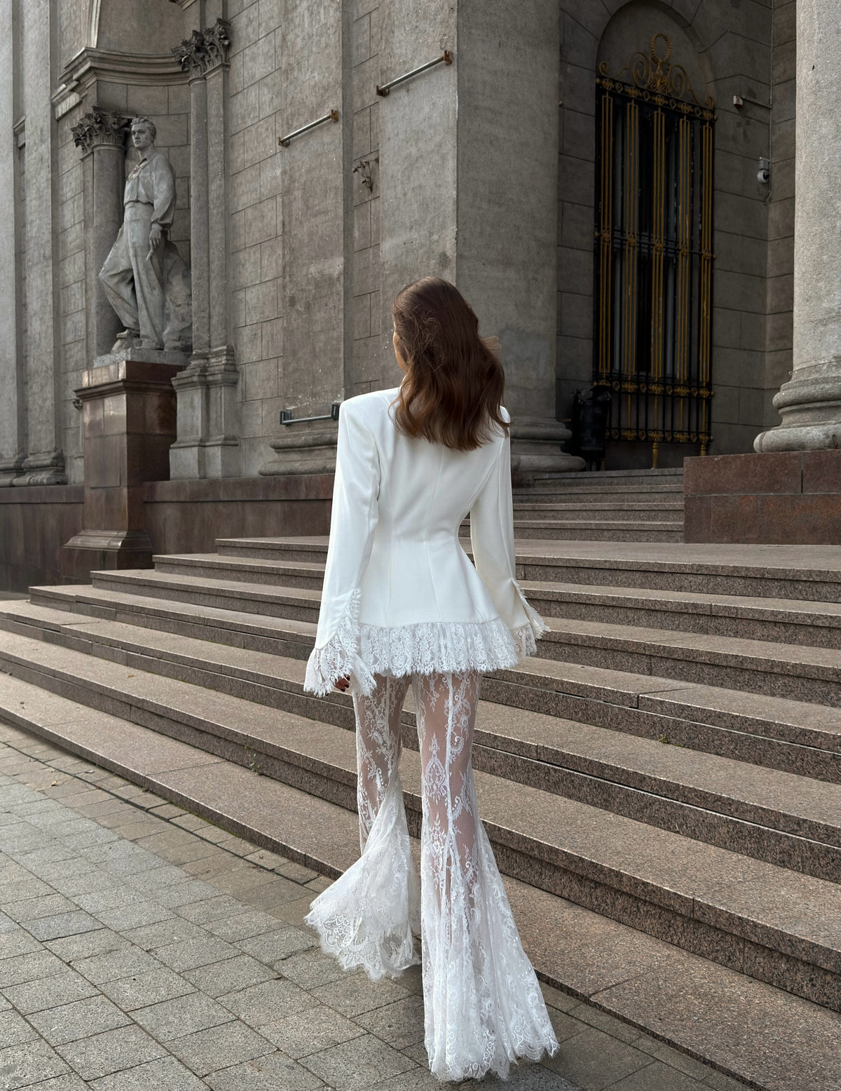 Lace Peplum Blazer & Flared Trousers Two-Piece Set