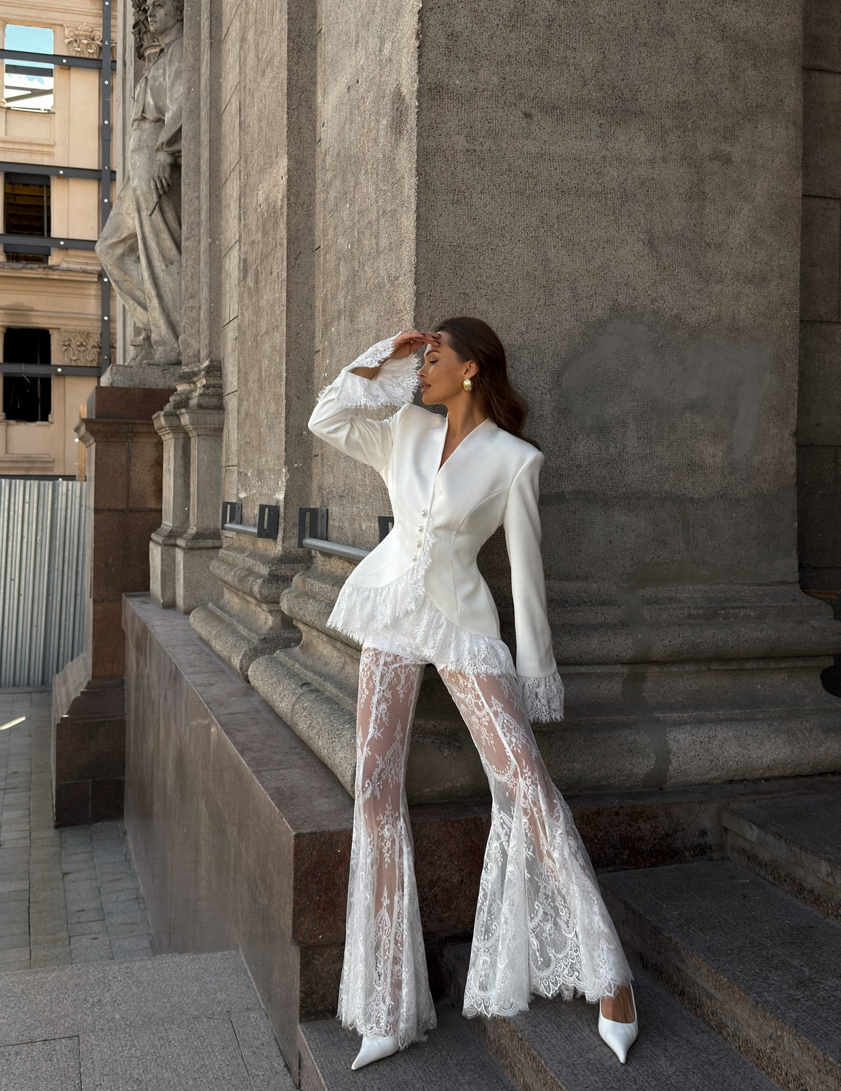 Lace Peplum Blazer & Flared Trousers Two-Piece Set