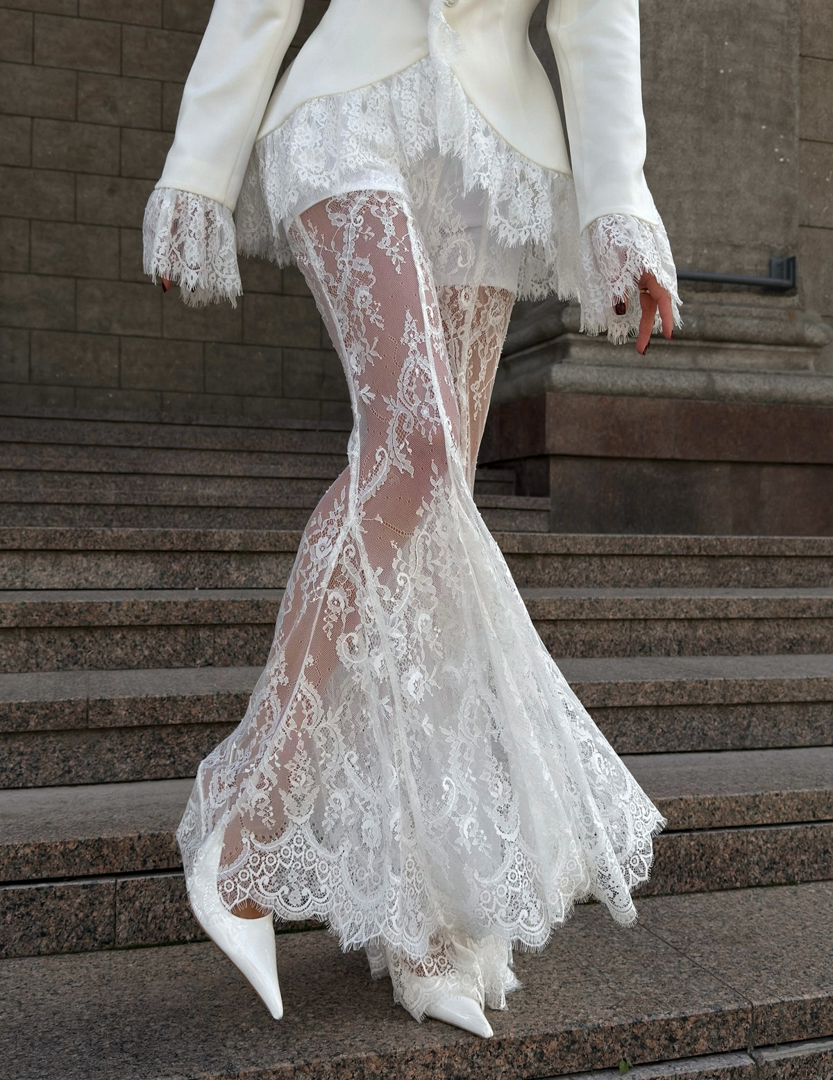 Lace Peplum Blazer & Flared Trousers Two-Piece Set