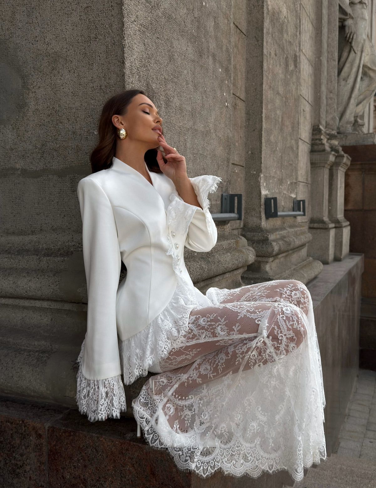 Lace Peplum Blazer & Flared Trousers Two-Piece Set