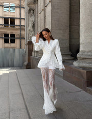 Lace Peplum Blazer & Flared Trousers Two-Piece Set