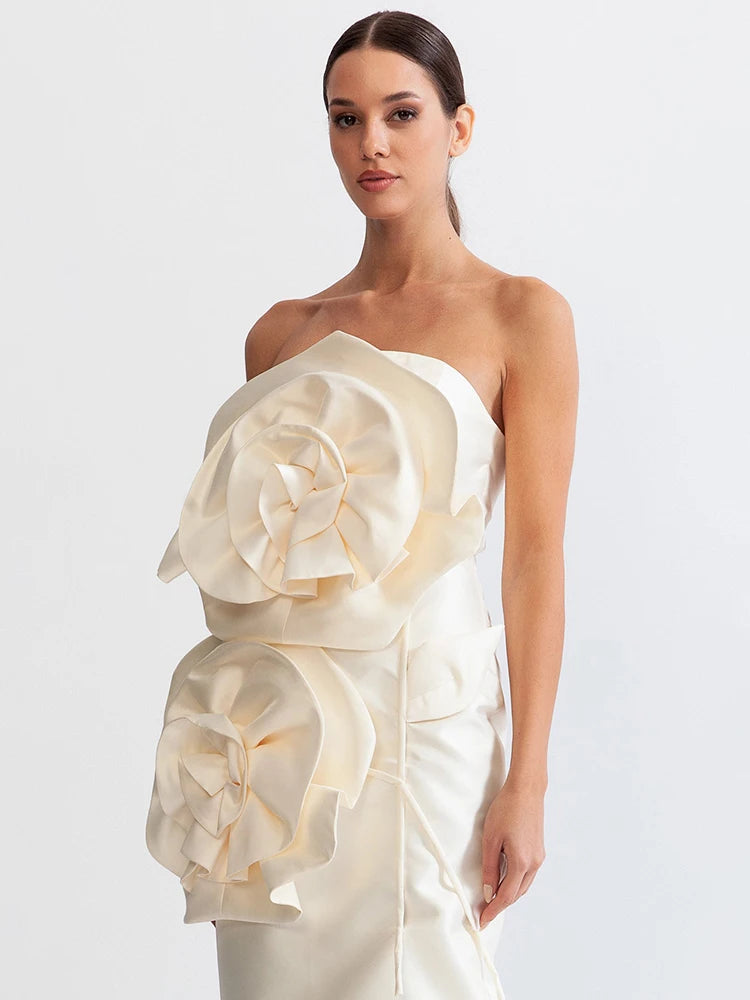 White Sculpted Floral Strapless Midi Dress