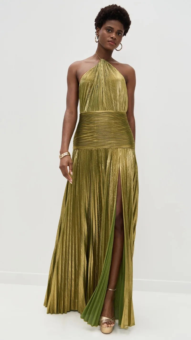 Metallic Halter Maxi Dress with Pleated Skirt
