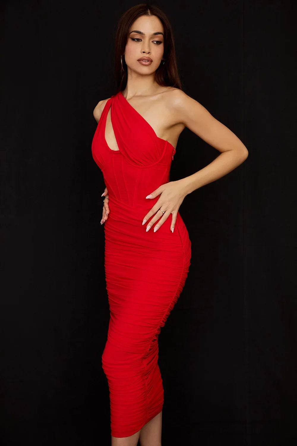 Scarlet Temptation One-Shoulder Midi Dress