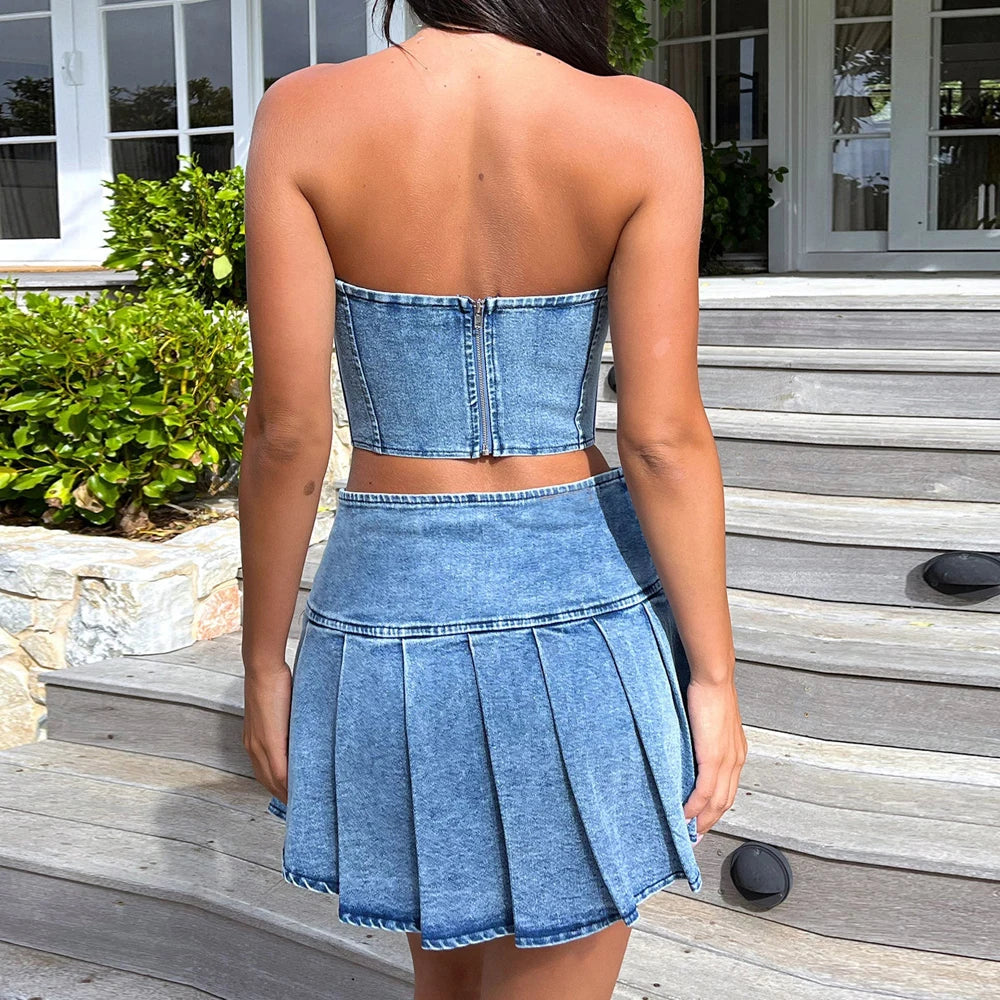 Denim Corset & Pleated Mini Skirt Set