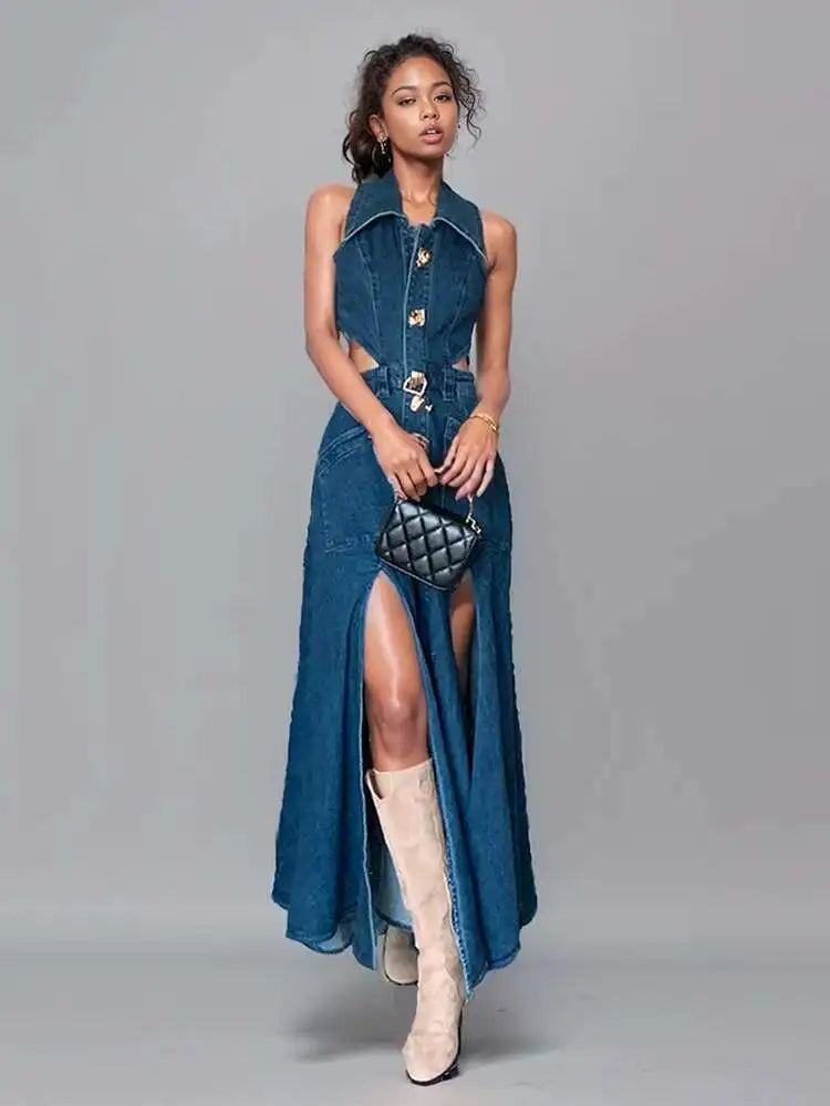 Vintage Denim Cut-Out Maxi Dress