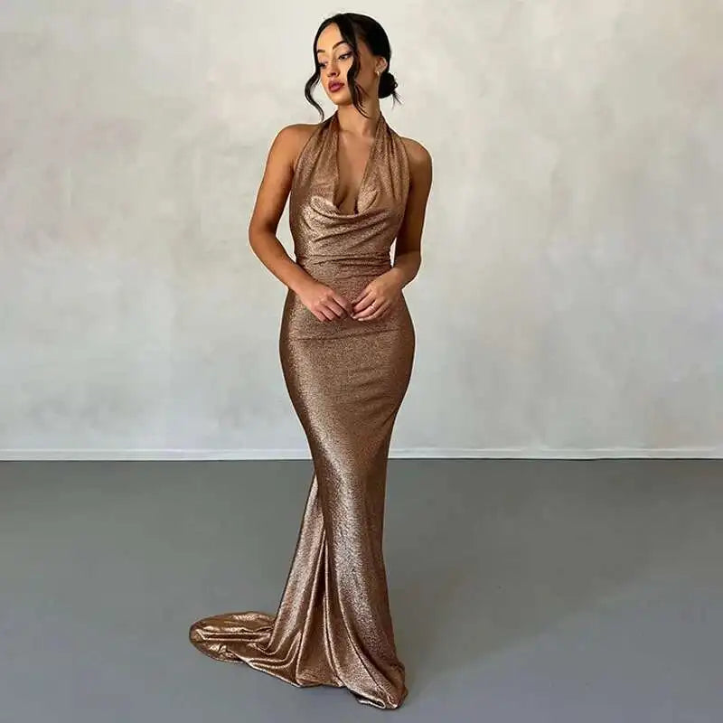 Metallic Halter Backless Maxi Dress