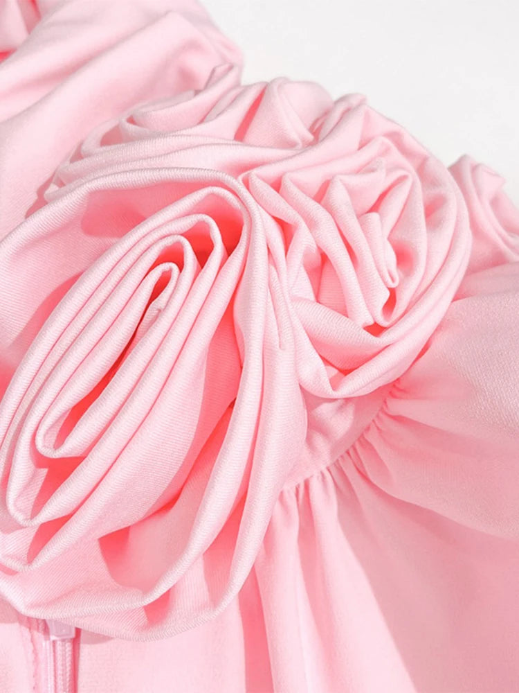 Elegant Pink High-Neck Maxi Dress with Floral Detail