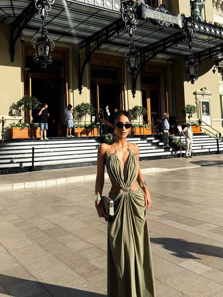 Olive Muse Backless Maxi Dress