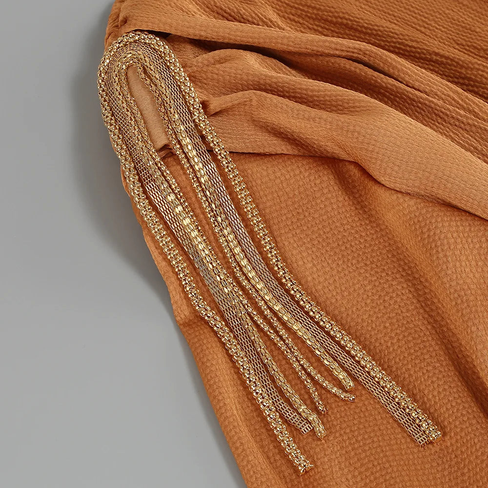 Rust Satin Maxi Dress | Deep V-Neck, Long Sleeve Evening Gown with Slit