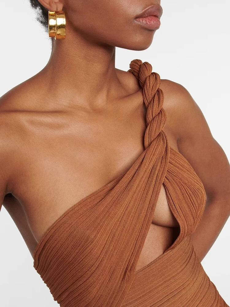Rust One Shoulder Maxi Dress | Braided Draped Gown with Side Cutout MYLINE