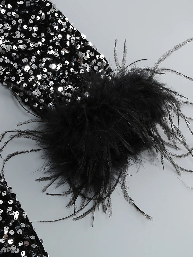 Sequin Feather Long Sleeve Midi Dress