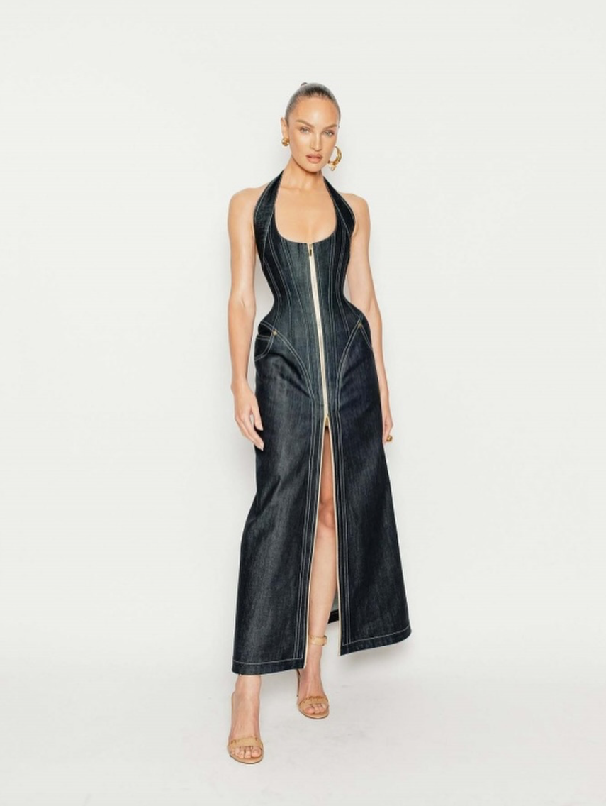 Dark Denim Halter Maxi Dress | Zipper Front Bodycon, Pockets