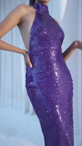 Purple Sequin Halter Maxi Dress | Backless Bodycon Gown