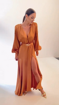 Rust Satin Maxi Dress | Deep V-Neck, Long Sleeve Evening Gown with Slit